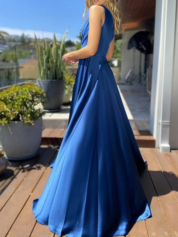 Blue Satin One Shoulder A-Line Floor-Length Dress with High Slit