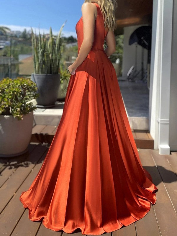 Blue Satin One Shoulder A-Line Floor-Length Dress with High Slit