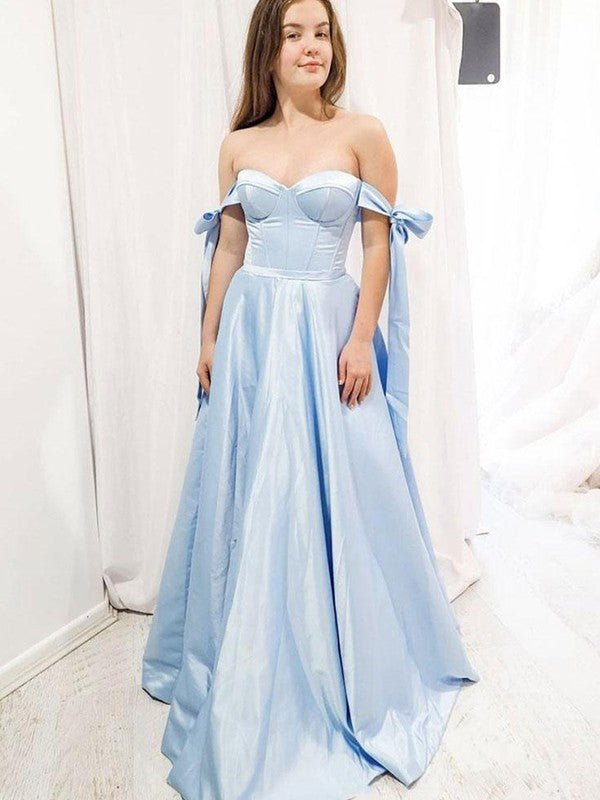 Sky Blue Satin A-Line Floor-Length Evening Dress with Off-the-shoulder Straps with Bows & Structured Bodice
