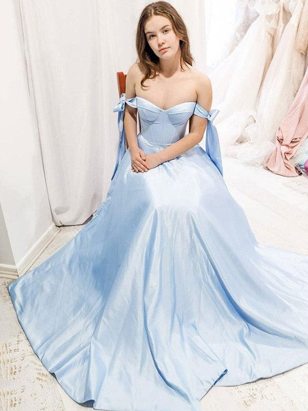 Sky Blue Satin A-Line Floor-Length Evening Dress with Off-the-shoulder Straps with Bows & Structured Bodice