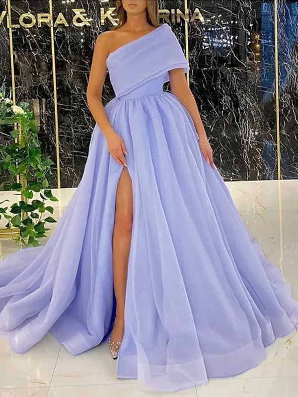 Blushing Pink Chiffon A-Line One Shoulder Floor-Length Dress with Draped Bodice and High Slit
