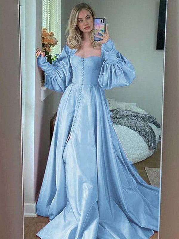 Sky Blue Satin A-Line Floor-Length Dress with Square Neck & Voluminous Puff Sleeves