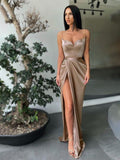Champagne Satin Sweetheart Sheath/column Floor-Length Gown with High Slit