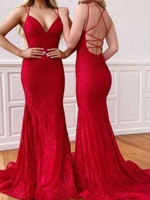 Vestidos de corte tubo/columna con encaje, volantes, escote en V, sin mangas y cola larga