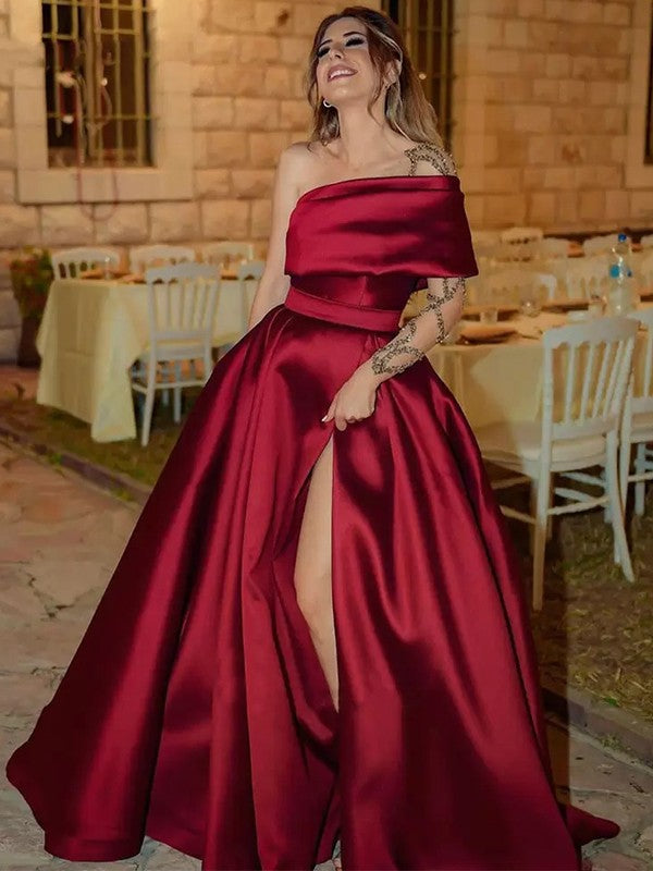 Vestidos de satén con volantes, corte princesa, un hombro, sin mangas y cola larga