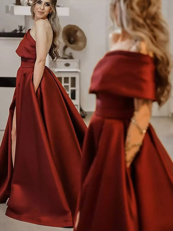 Vestidos de satén con volantes, corte princesa, un hombro, sin mangas y cola larga