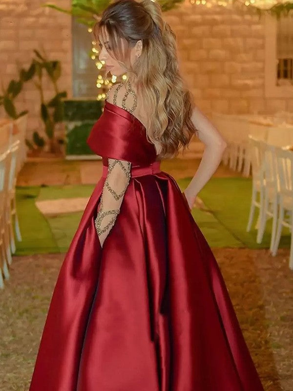 Vestidos de satén con volantes, corte princesa, un hombro, sin mangas y cola larga