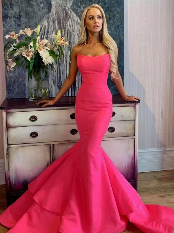 Trumpet/Mermaid Satin Ruffles Strapless Sleeveless Sweep/Brush Train Dresses