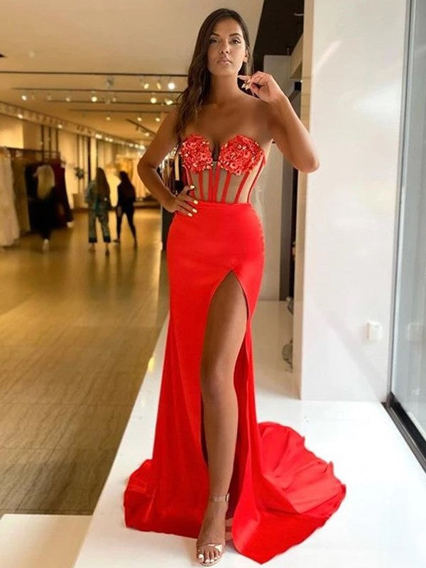 Red Satin Mermaid Sweetheart Floor-Length Dress with Embellished Corset Bodice and High Slit