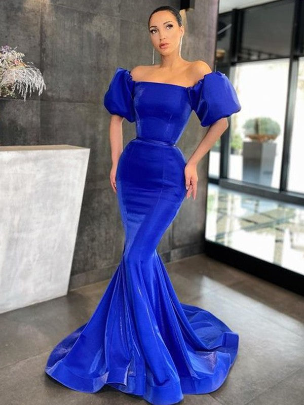 Royal Blue Satin Off-the-Shoulder Mermaid Floor-Length Dress with Puff sleeves