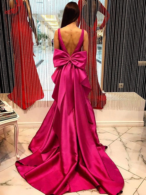 Pink Satin Mermaid Floor-Length V-Neck Evening Gown with Large Back Bow