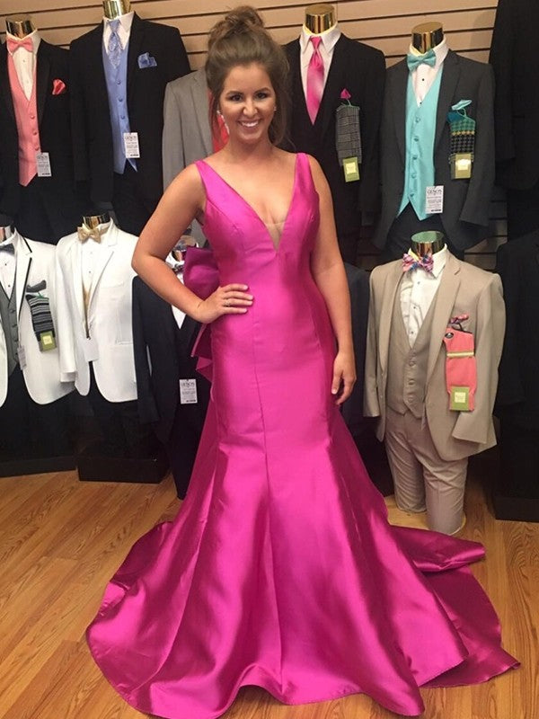 Vestidos de satén con lazo, escote en V, sin mangas, corte A/princesa y cola larga