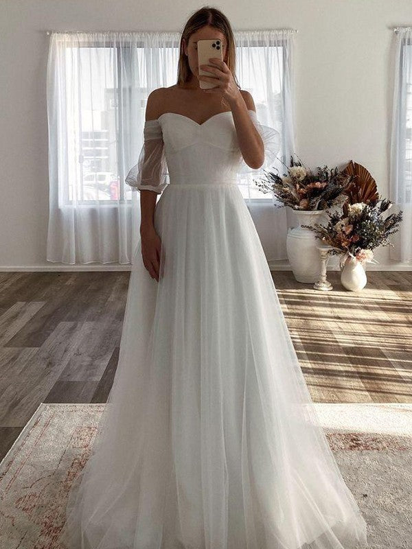 Vestidos de novia de corte A/princesa, de tul, con volantes, hombros descubiertos, mangas 3/4 y largo hasta el suelo