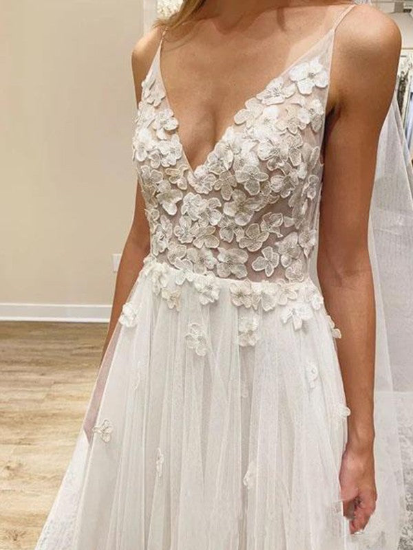 Vestidos de novia de corte A/princesa, con apliques de tul, escote en V, sin mangas y cola larga