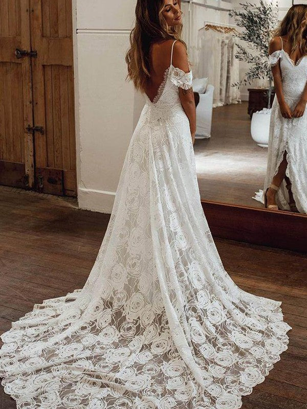 Vestidos de novia de corte A/princesa, con encaje, volantes, escote en V, sin mangas y cola larga