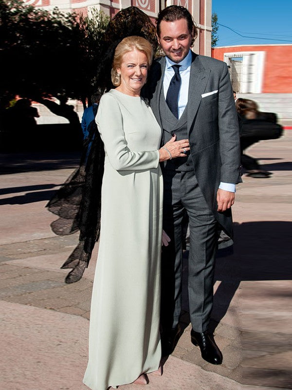 Vestidos para madre de la novia de corte A/princesa, de gasa, fruncidos, escote redondo, mangas largas hasta el suelo