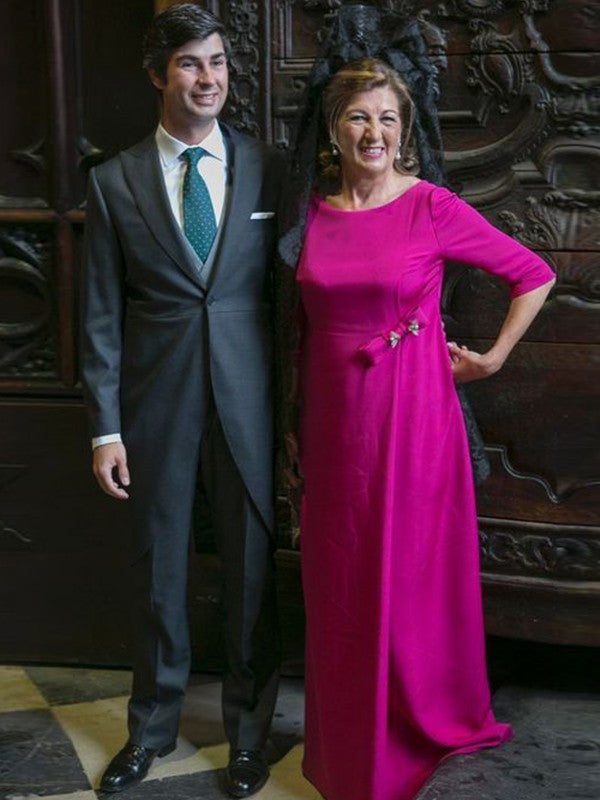 Abiti da madre della sposa lunghi fino a terra, in raso, con maniche a 1/2, a tubino/colonna, fiocco e scollo a barchetta