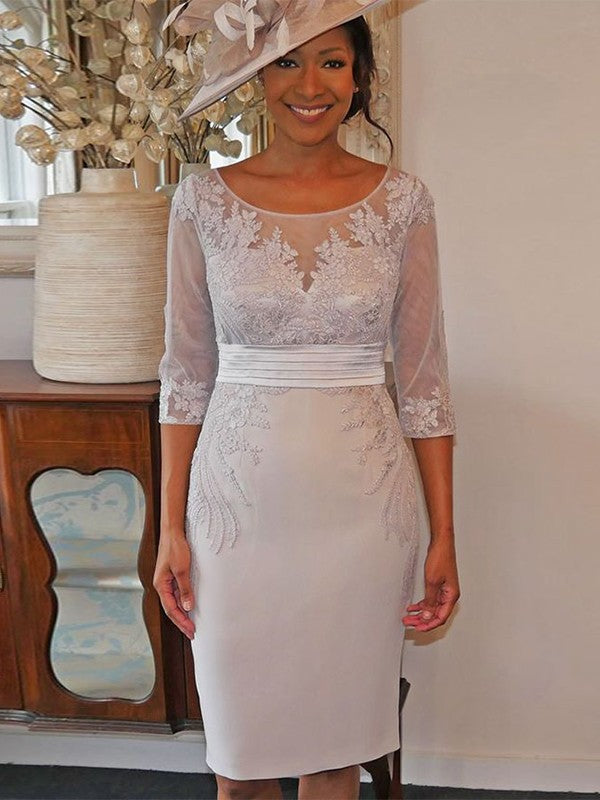 Dusty Rose Lace & Crepe Sheath/column Knee-Length Dress with Illusion Boat Neckline & Three-quarter Sleeves