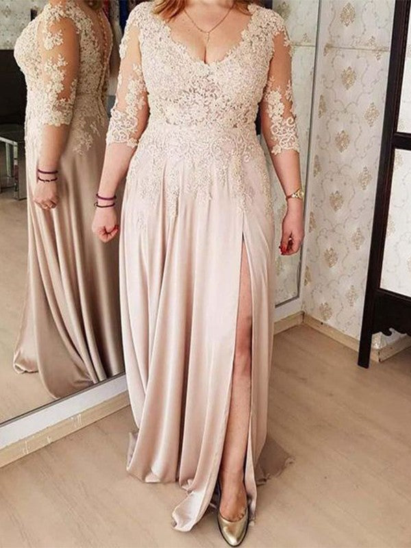 Abiti da sposa per la madre della sposa, a forma di principessa, in raso intrecciato, con scollo a V, maniche a 3/4, con spazzola e lunghezza al pavimento