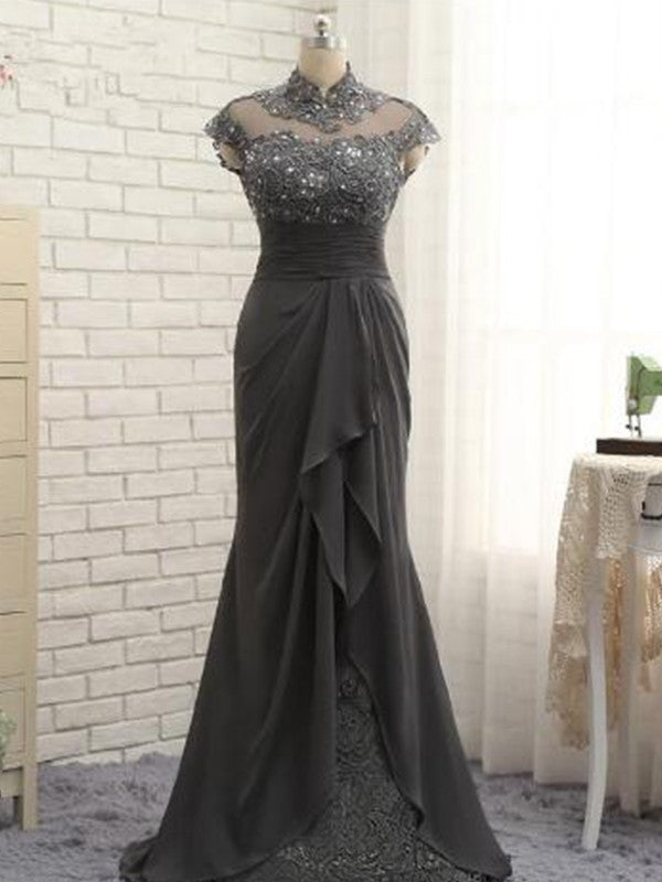 Slim fit column chiffon lace high neck short sleeved and floor length style Mother of the Bride Dresses