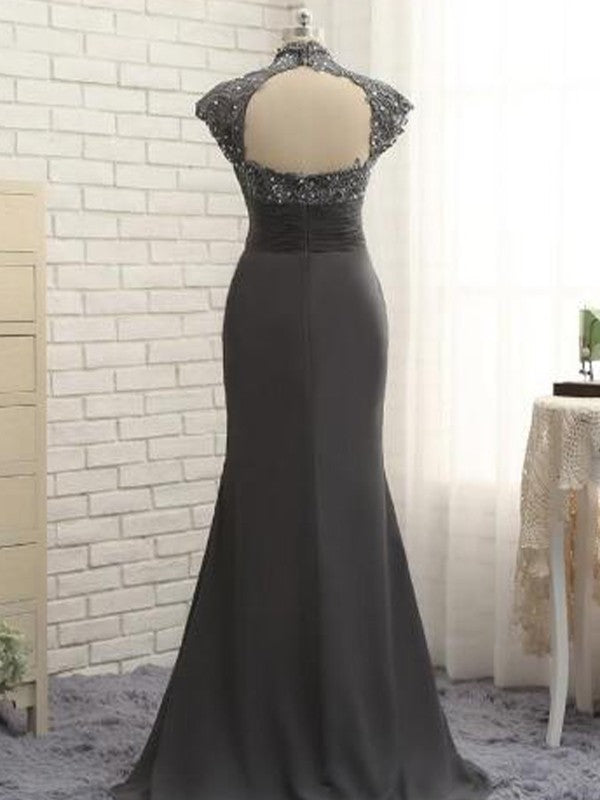 Slim fit column chiffon lace high neck short sleeved and floor length style Mother of the Bride Dresses
