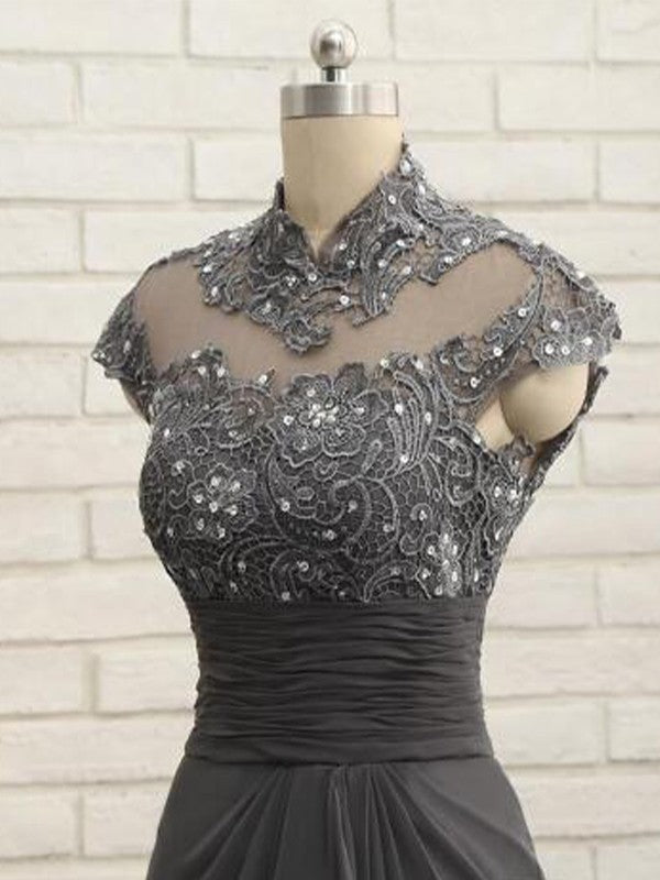 Slim fit column chiffon lace high neck short sleeved and floor length style Mother of the Bride Dresses