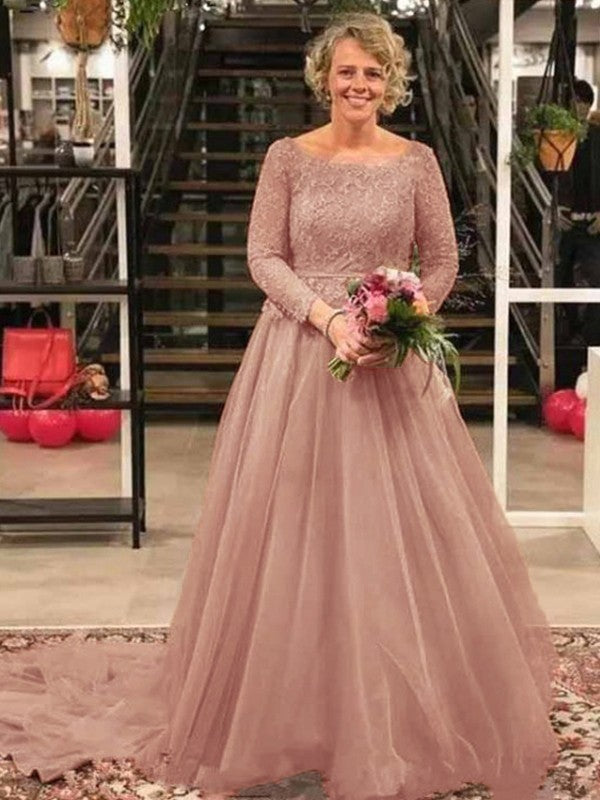 Vestidos de Madre de la Novia de Corte A/Princesa con Apliques de Tul, Escote Redondo, Mangas Largas y Cola Corte