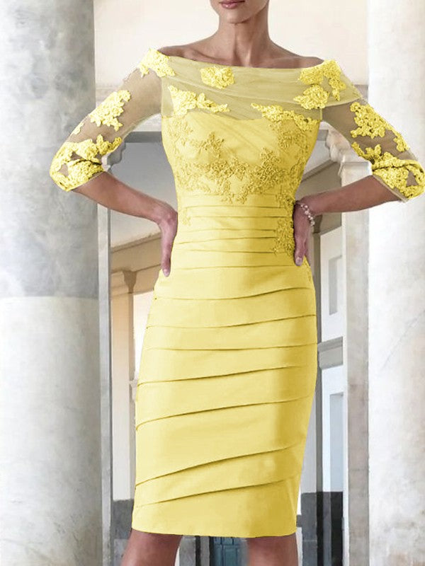 Elegante vestido de novia para madre de la novia, ajustado, recto, de satén, con mangas 3/4 y largo hasta la rodilla.