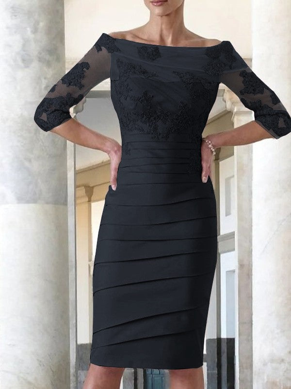 Elegante vestido de novia para madre de la novia, ajustado, recto, de satén, con mangas 3/4 y largo hasta la rodilla.