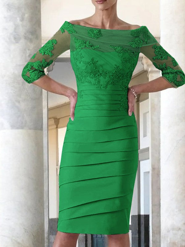 Elegante vestido de novia para madre de la novia, ajustado, recto, de satén, con mangas 3/4 y largo hasta la rodilla.