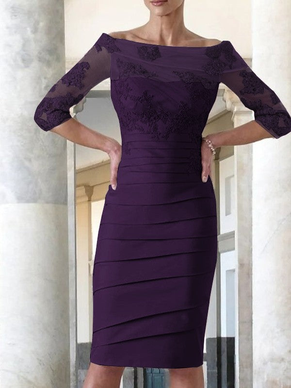 Elegante vestido de novia para madre de la novia, ajustado, recto, de satén, con mangas 3/4 y largo hasta la rodilla.