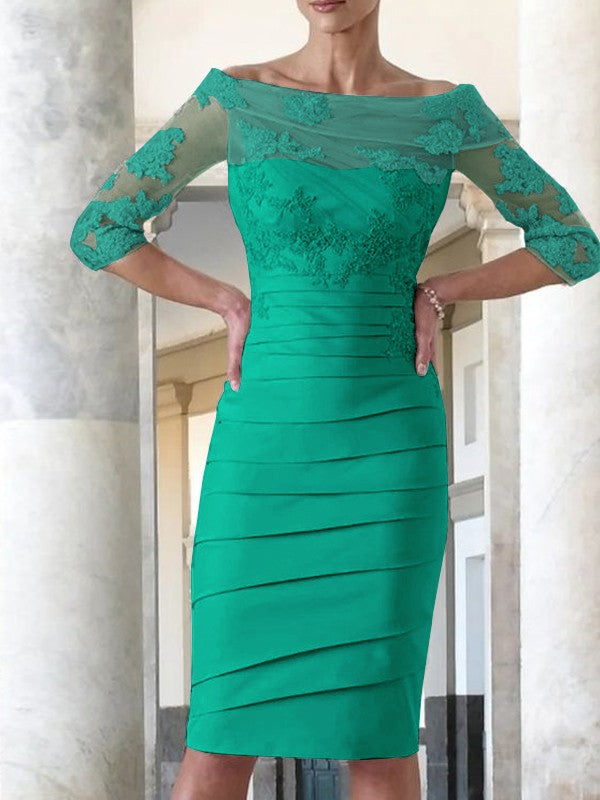 Elegante vestido de novia para madre de la novia, ajustado, recto, de satén, con mangas 3/4 y largo hasta la rodilla.