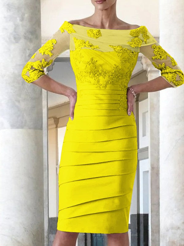 Elegante vestido de novia para madre de la novia, ajustado, recto, de satén, con mangas 3/4 y largo hasta la rodilla.