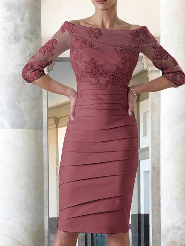 Elegante vestido de novia para madre de la novia, ajustado, recto, de satén, con mangas 3/4 y largo hasta la rodilla.