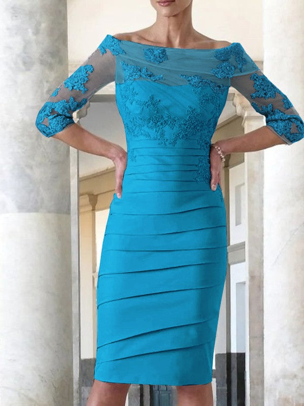 Elegante vestido de novia para madre de la novia, ajustado, recto, de satén, con mangas 3/4 y largo hasta la rodilla.