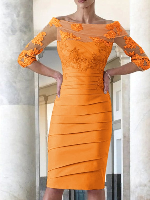 Elegante vestido de novia para madre de la novia, ajustado, recto, de satén, con mangas 3/4 y largo hasta la rodilla.