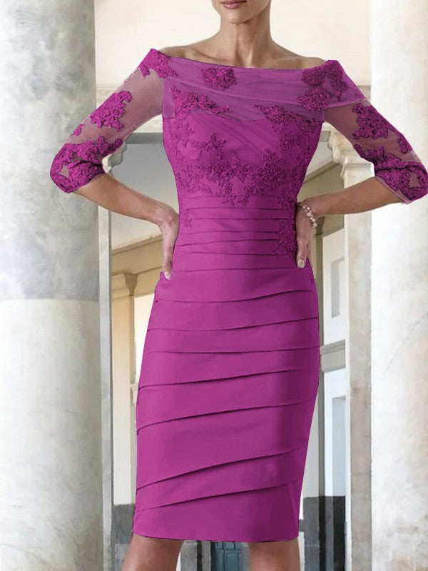 Elegante vestido de novia para madre de la novia, ajustado, recto, de satén, con mangas 3/4 y largo hasta la rodilla.