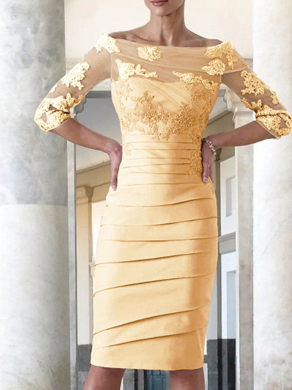 Elegante vestido de novia para madre de la novia, ajustado, recto, de satén, con mangas 3/4 y largo hasta la rodilla.