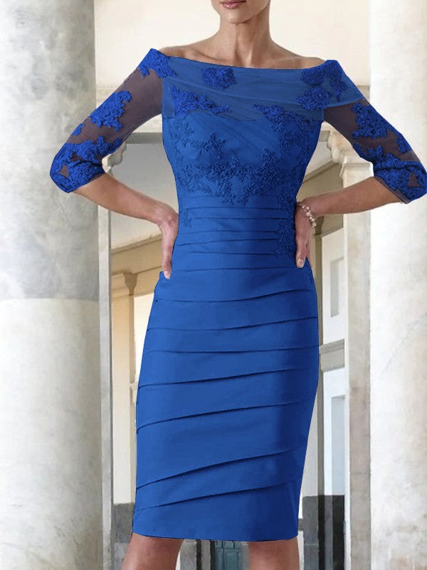 Elegante vestido de novia para madre de la novia, ajustado, recto, de satén, con mangas 3/4 y largo hasta la rodilla.