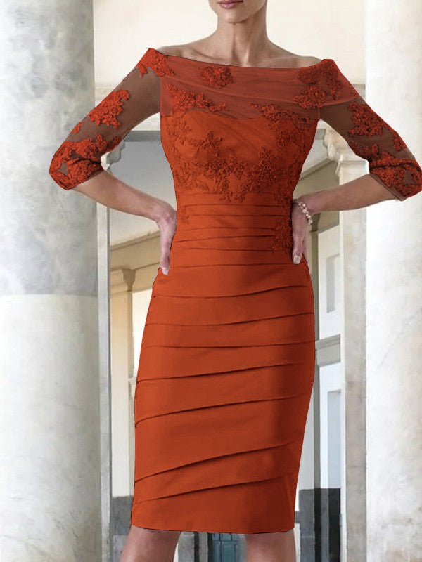 Elegante vestido de novia para madre de la novia, ajustado, recto, de satén, con mangas 3/4 y largo hasta la rodilla.