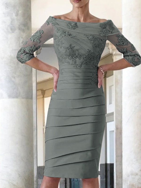 Elegante vestido de novia para madre de la novia, ajustado, recto, de satén, con mangas 3/4 y largo hasta la rodilla.