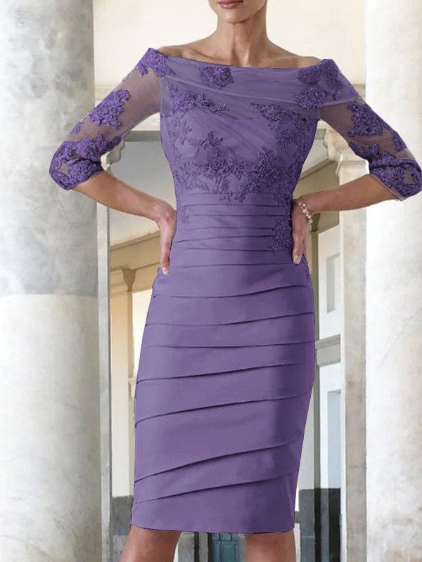 Elegante vestido de novia para madre de la novia, ajustado, recto, de satén, con mangas 3/4 y largo hasta la rodilla.