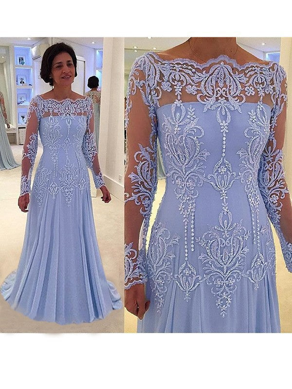 Vestidos para madre de la novia de corte A/princesa, de gasa, con apliques, escote redondo, mangas largas y cola larga