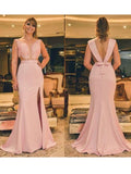 Blushing Pink Lace Mermaid Floor-Length Bridesmaid Dress with V-Neck & High Slit
