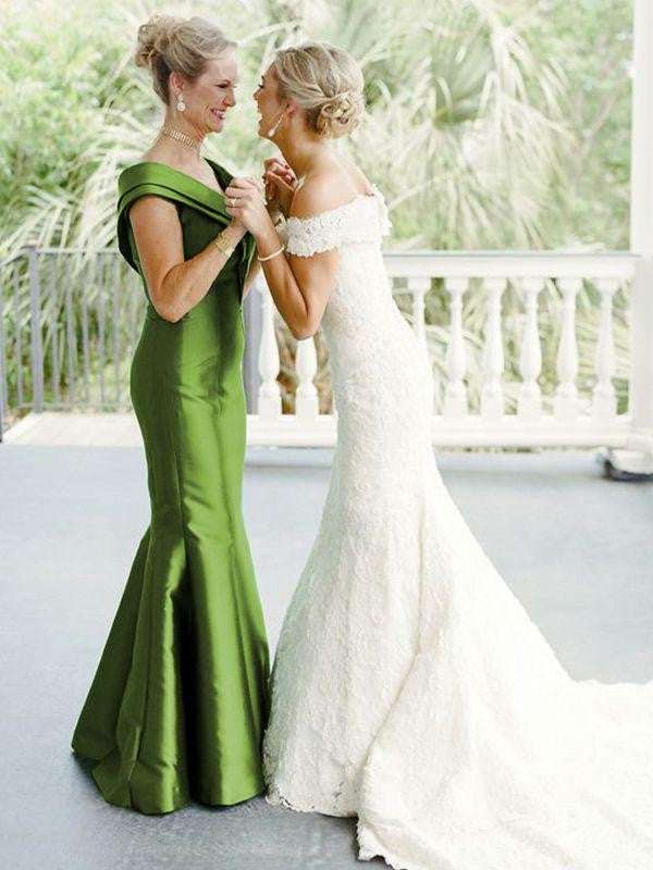 Green Satin Off-the-Shoulder Mermaid Floor-Length Evening Dress