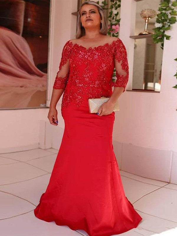 Vestidos para madre de la novia con corte tubo/columna, satén, apliques, escote redondo, mangas 3/4 y cola larga