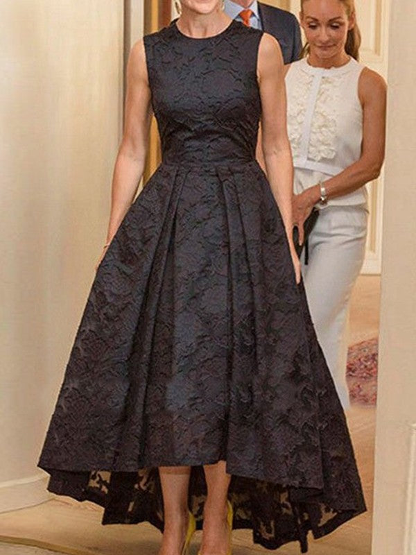 Black Taffeta A-Line High-Low Dress with Pleated high-low skirt & Scoop Neck + Back Zip (for Formal Events & Evening Parties)
