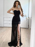 Black Chiffon Sweetheart Sheath/column Floor-Length Dress with High Slit