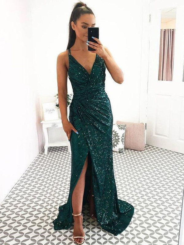 Emerald Sequin Sheath/Column Floor-Length V-Neck Dress with High Slit