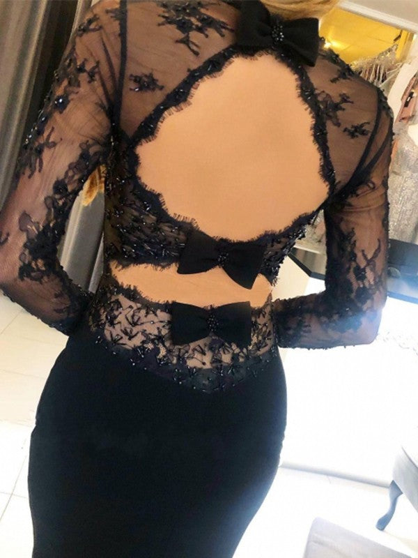 Black Crepe Mermaid Floor-Length Dress with Square Neck & Lace Long Sleeves